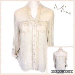 mine Cream Embroidery Detail Button Back Top Sz L